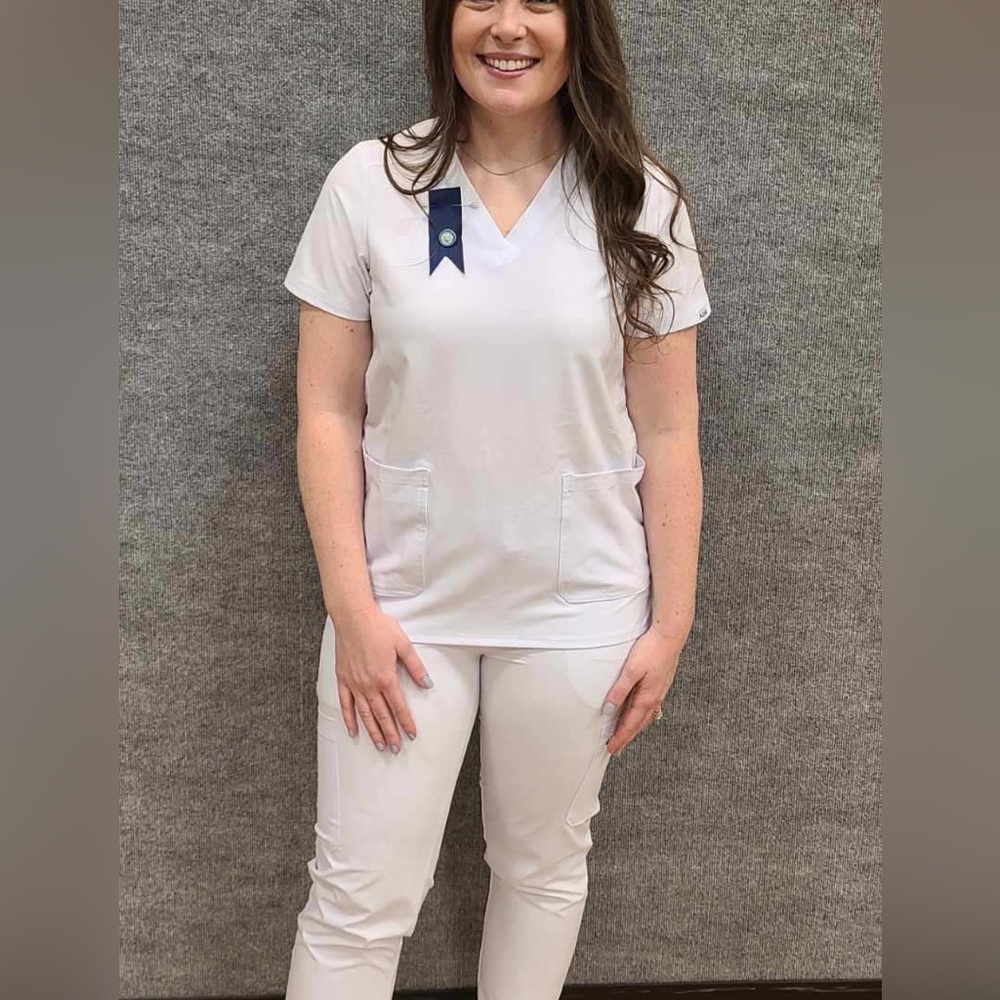 White Scrubs— Slim V neck top & slim pants with pockets